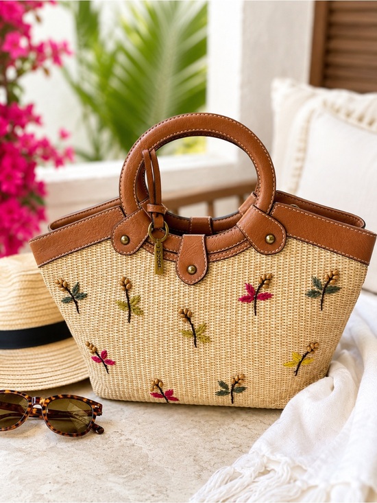 Fossil Handbags - Fossil Tan Straw Tote with Brown Leather Trim and Multicolor Embroidery